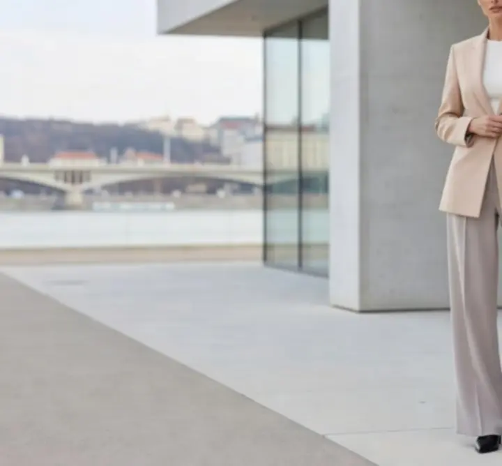 Modern női divat 2026 – minimalista, elegáns outfit egy városi környezetben