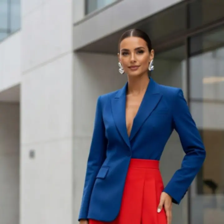 Modern, merész, élénk színkombináció egy női outfitben