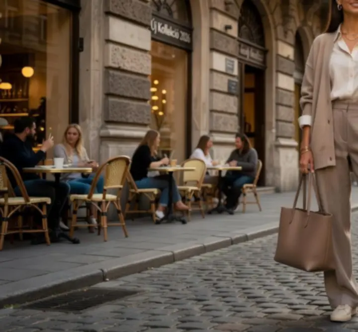 Modern street style influencer 2026-os női outfittel a városban